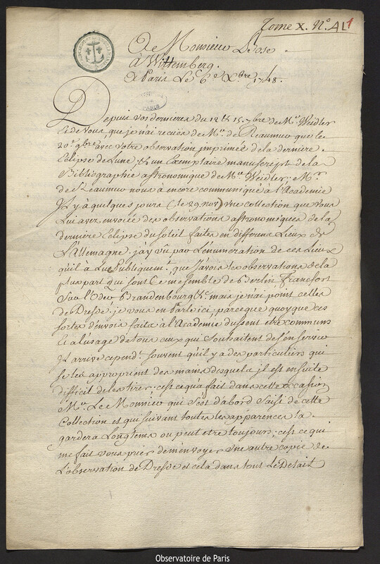 Lettre de Joseph-Nicolas Delisle à Georg Matthias Bose, Paris, 6 décembre 1748