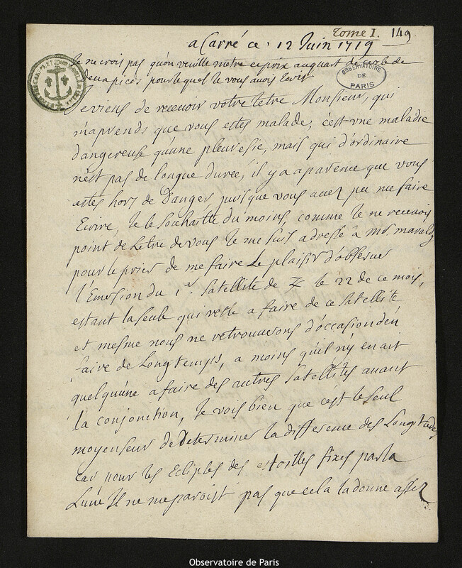 Lettre de Jacques d'Allonville de Louville à Joseph-Nicolas Delisle, Lieu-dit Le Clos du Petit Carré, 12 juin 1719