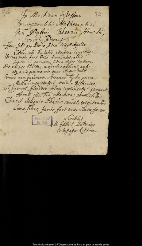 Texte manuscrit de Gottlieb Balduin à Jan Heweliusz, 1678