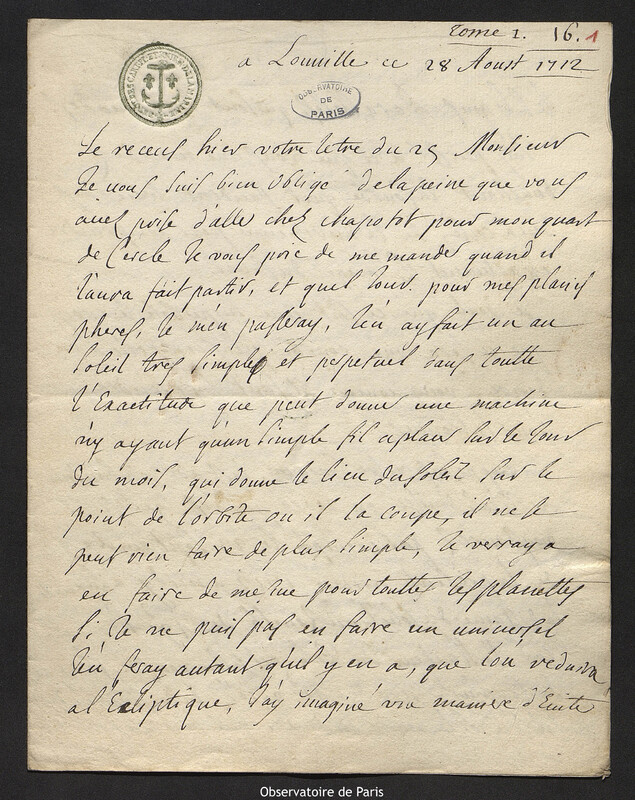 Lettre de Jacques d'Allonville de Louville à Joseph-Nicolas Delisle, Louville-la-Chenard, 28 août 1712