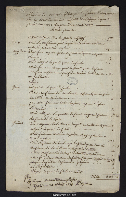 DOYEN. Mémoire des ouvrages faits pour le Cabinet d'observations sous les ordres de Monsieur le Comte de Cassini depuis le premier mars 1788 jusqu'au douze mars 1789