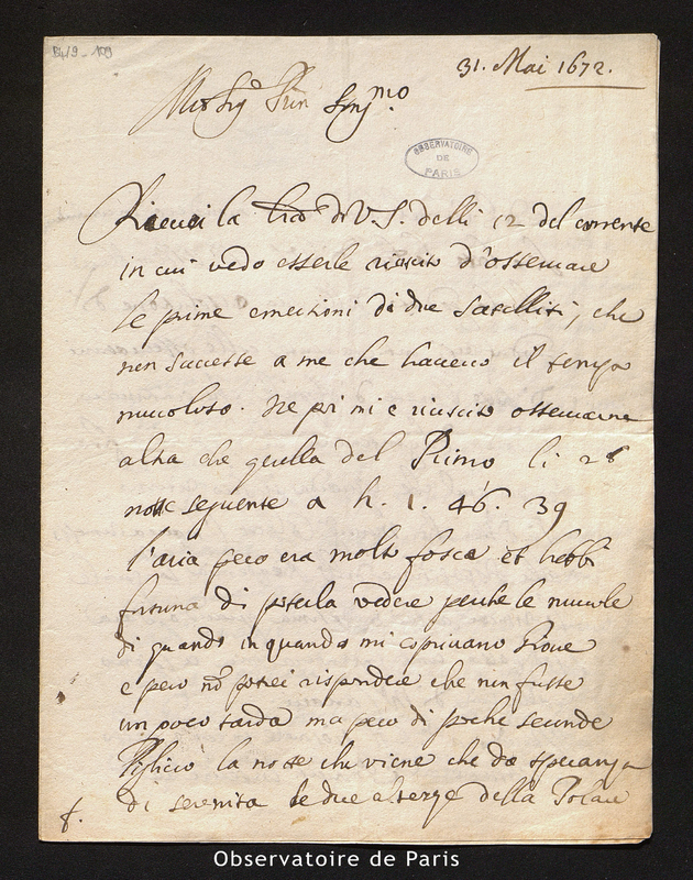 Lettre de Cassini I à Picard, Paris le 31 mai 1672