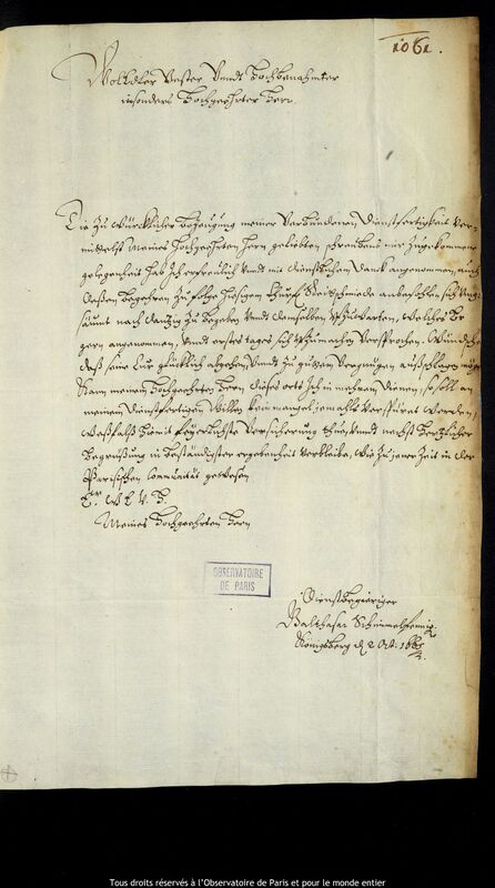 Lettre de Balthasar Schimmelpfennig à Jan Heweliusz, Kaliningrad, 2 octobre 1665