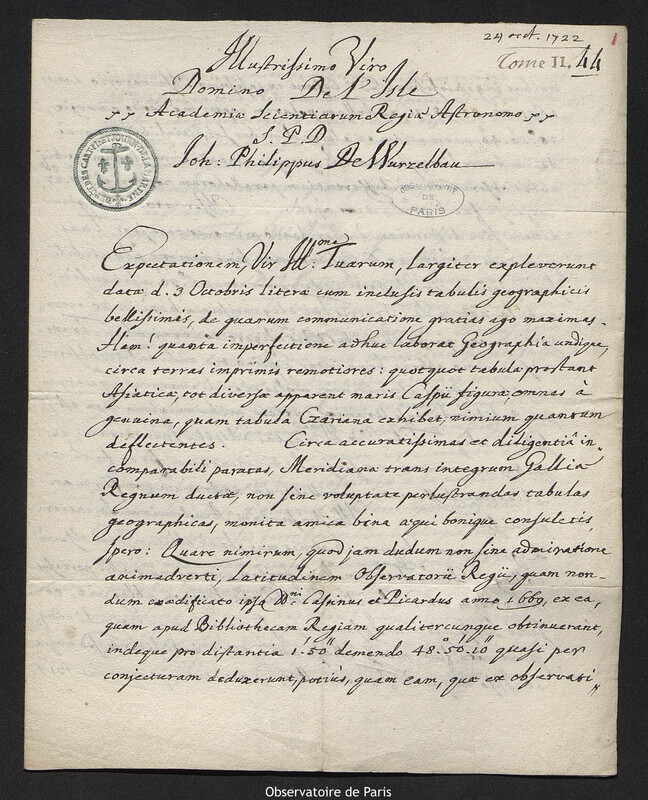 Lettre de Johann Philipp von Wurzelbau à Joseph-Nicolas Delisle, Nuremberg, 24 octobre 1722