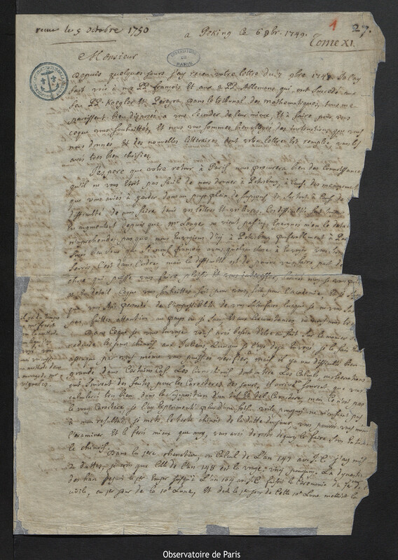 Lettre de Antoine Gaubil à Joseph-Nicolas Delisle, Pékin, 6 novembre 1749