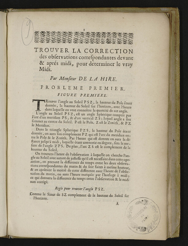Trouver la correction des observations correspondantes devant & aprés midi, pour déterminer le vray midi. Par monsieur de La Hire.
