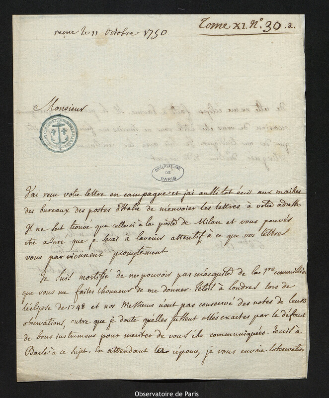 Lettre de Jean Jallabert à Joseph-Nicolas Delisle, 6 octobre 1750