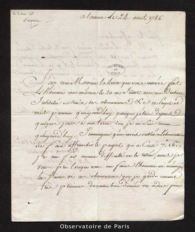 Lettre de Darquier à [Cassini IV], Toulouse le 24 août 1786