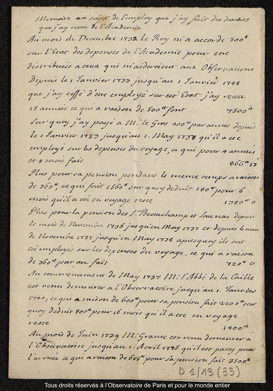 Mémoire au sujet de l’emploi que j’ai fait des deniers que j’ai reçu de l’Académie : Note de Cassini III sur les traitements accordés à ses auxiliaires de 1732 à 1749 environ