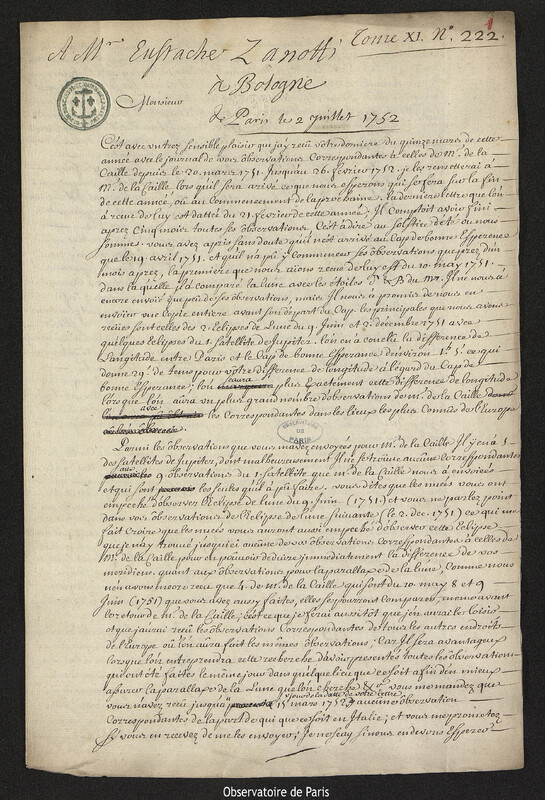 Lettre de Joseph-Nicolas Delisle à Eustachio Zanotti, Paris, 2 juillet 1752