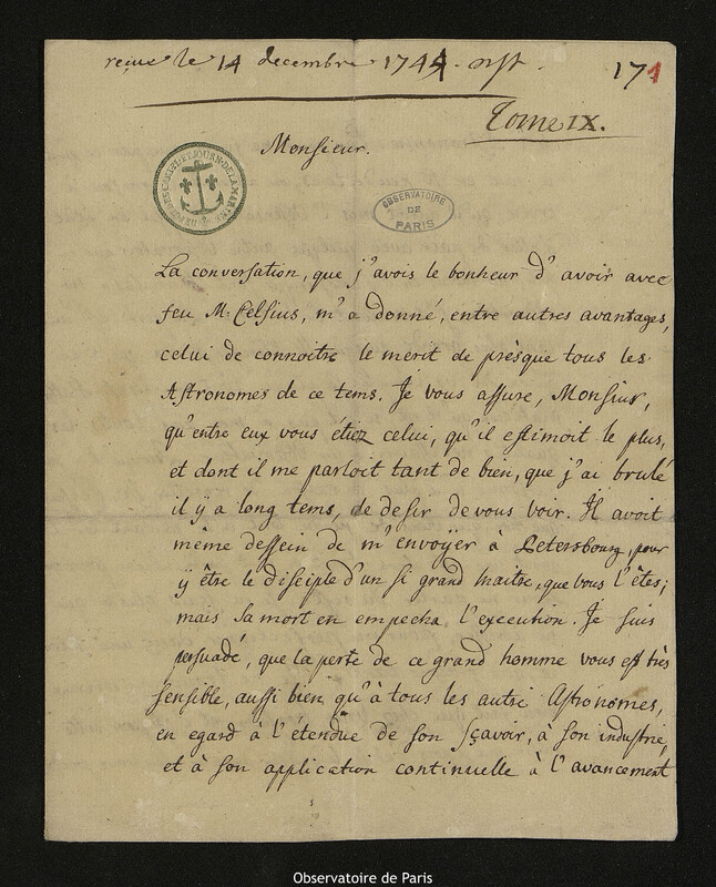 Lettre de Pehr Wilhelm Wargentin à Joseph-Nicolas Delisle, Uppsala, 24 novembre 1744