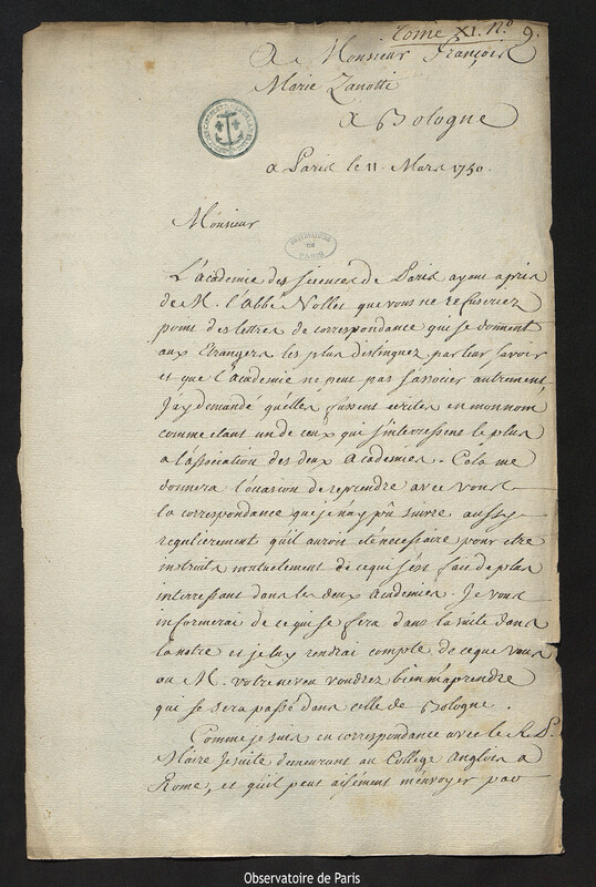 Lettre de Joseph-Nicolas Delisle à Eustachio Zanotti, Paris, 11 mars 1750