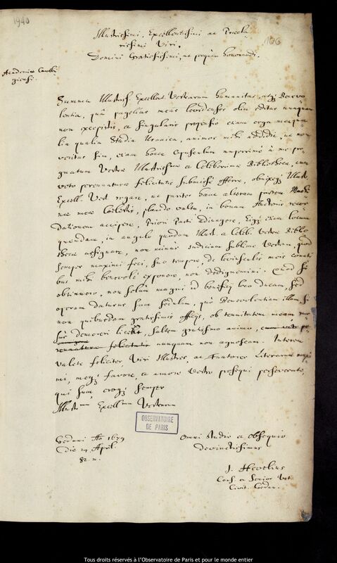 Lettre de Jan Heweliusz à l'Université de Cambridge, Gdansk, 24 avril 1679