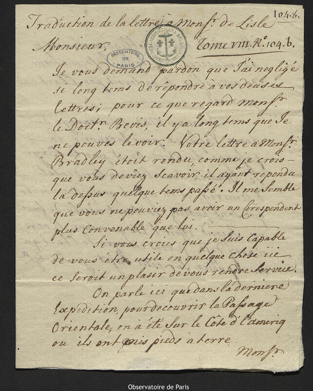 Traduction de la lettre de Vigor à Joseph-Nicolas Delisle, Londres