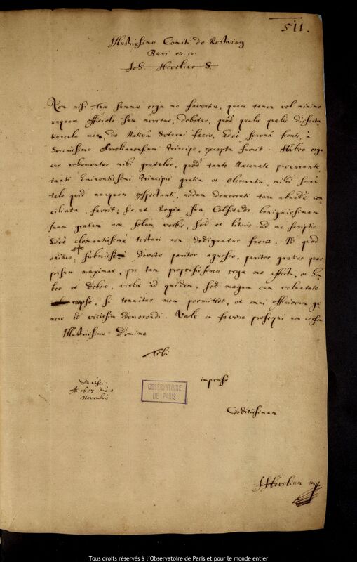 Lettre de Jan Heweliusz à François de Rostaing, Gdansk, 1er novembre 1657