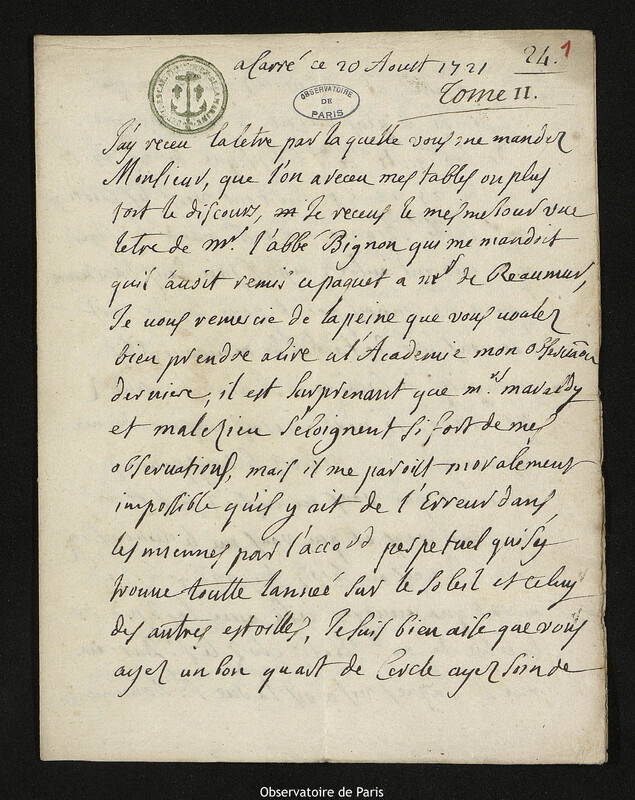 Lettre de Jacques d'Allonville de Louville à Joseph-Nicolas Delisle, Lieu-dit Le Clos du Petit Carré, 20 août 1721