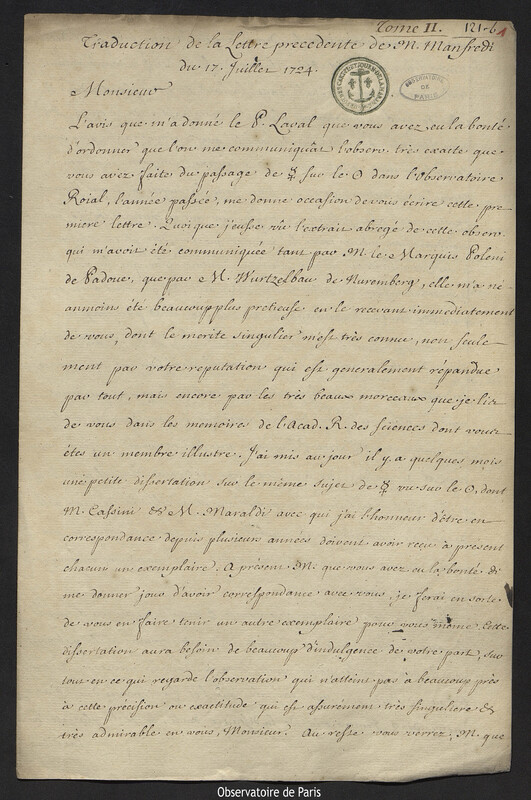 Traduction de la lettre précédente de M. Manfredi du 17 juillet 1724