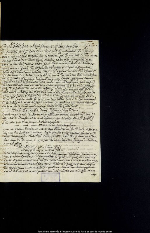 Lettre de Stanislaw Lubieniecki à Jan Heweliusz, Hambourg, 14 avril 1665