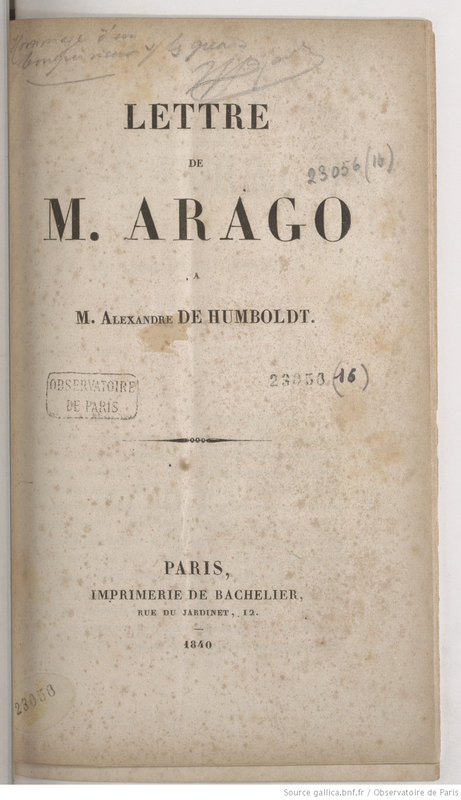 Lettre de M. Arago à M. Alexandre de Humboldt