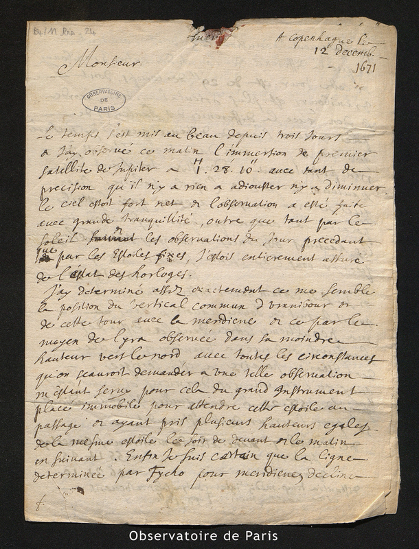 Lettre de Picard à Cassini I, Copenhague le 12 décembre 1671