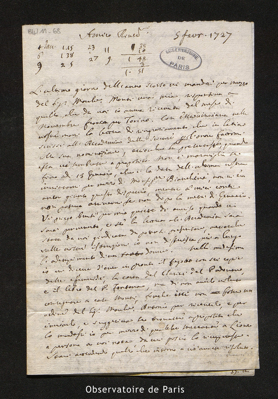 Lettre de Manfredi à Maraldi, Bologne le 5 février 1727