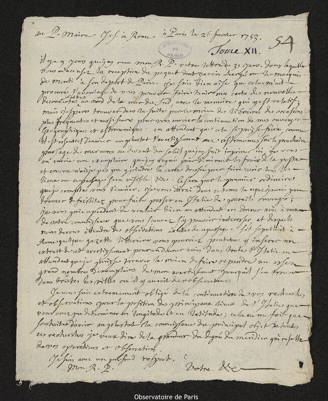 Lettre de Joseph-Nicolas Delisle à Christopher Maire, Paris, 26 février 1753