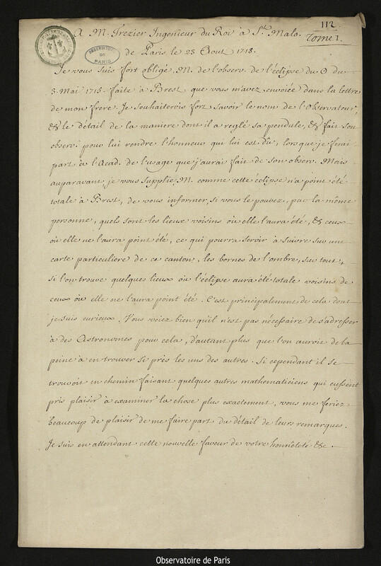 Lettre de Joseph-Nicolas Delisle à Amédée Frezier, Paris, 23 août 1718