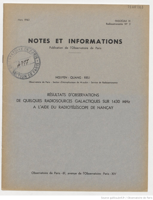 (1963) Notes et informations... Résultats d'observations de quelques radiosources galactiques sur 1430 MHz à l'aide du radiotélescope de Nançay / Nguyen-Quang-Rieun