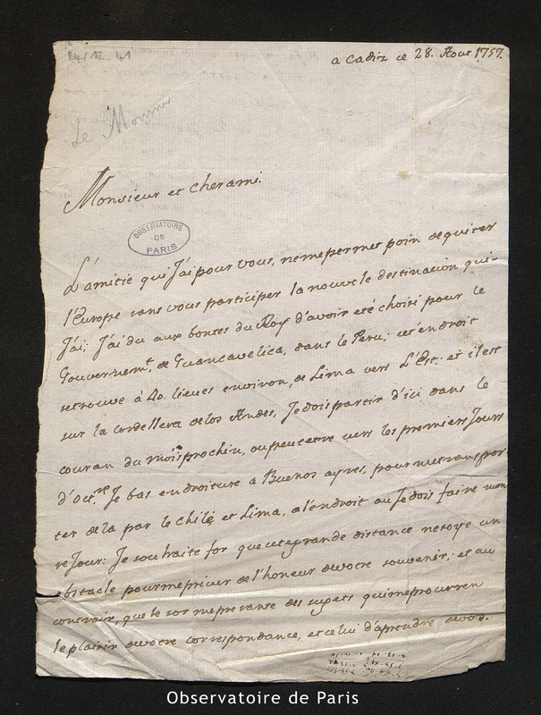 Lettre de Ulloa à [Le Monnier], Cadix le 28 août 1757