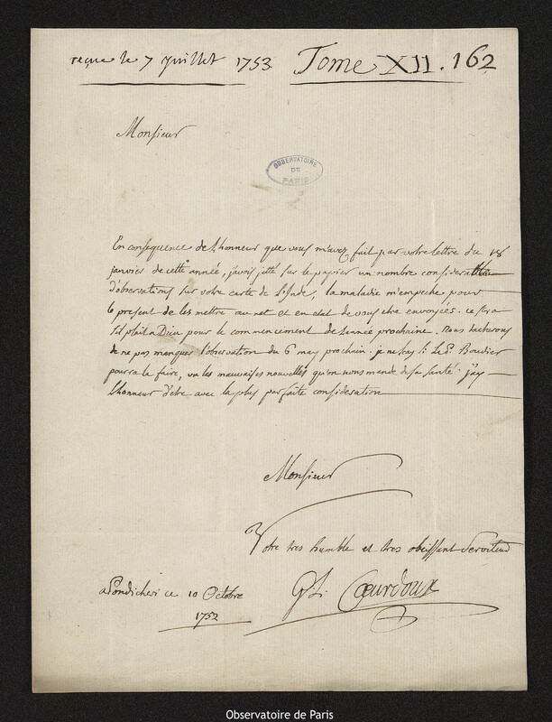 Lettre de Gaston-Laurent Coeurdoux à Joseph-Nicolas Delisle, Pondichéry, 10 octobre 1752