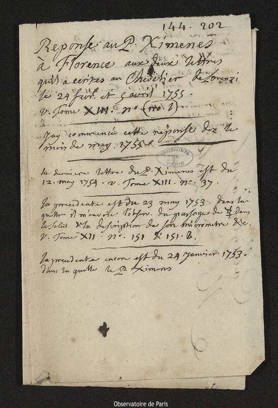 Lettre de Joseph-Nicolas Delisle à Leonardo Ximenes, Paris, mai 1755