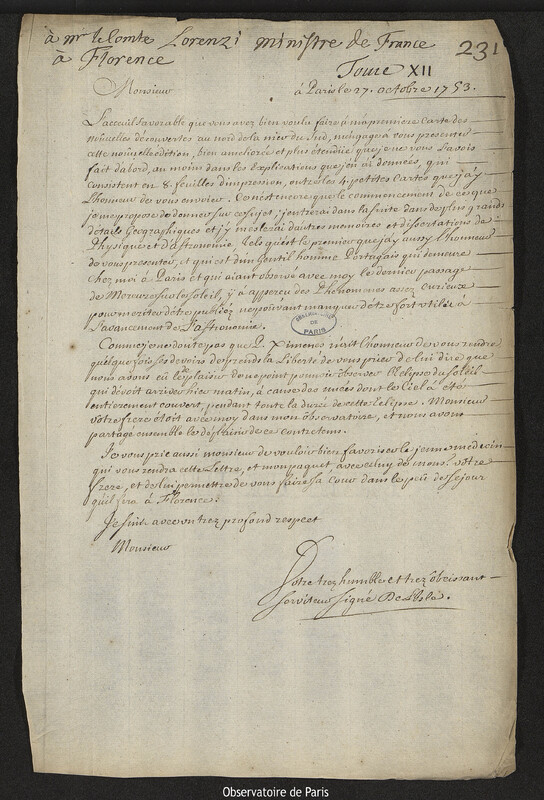 Lettre de Joseph-Nicolas Delisle à Giovanni Poleni, Paris, 25 octobre 1753