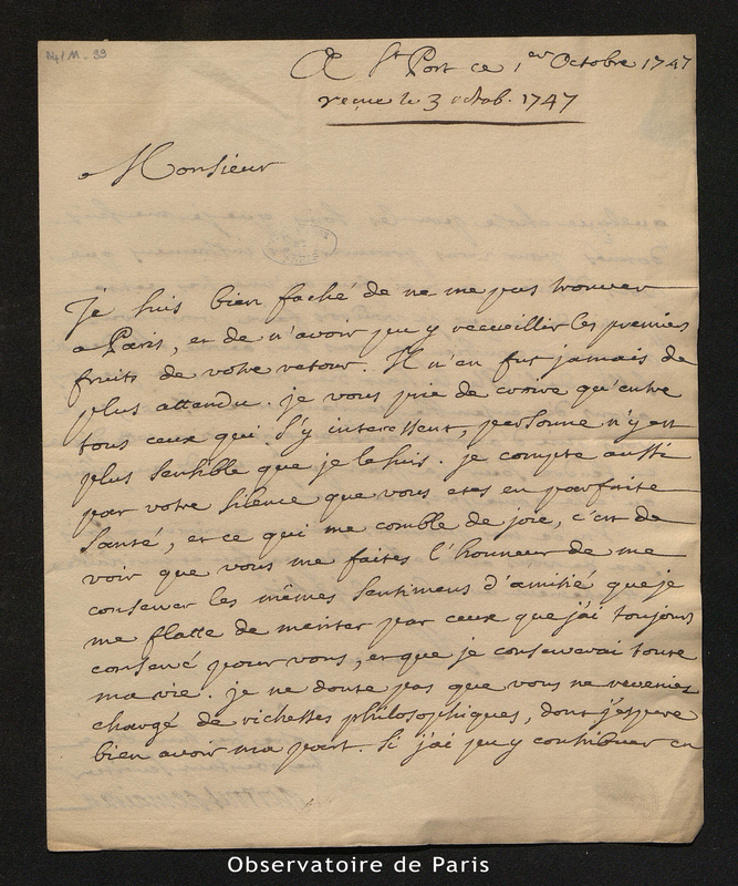 Lettre de Mairan (Dortous de) à Delisle, St Port le 1er octobre 1747