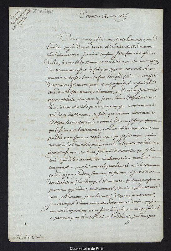 Lettre du comte d'Angiviller à Cassini IV, à Versailles en 24 mai 1785