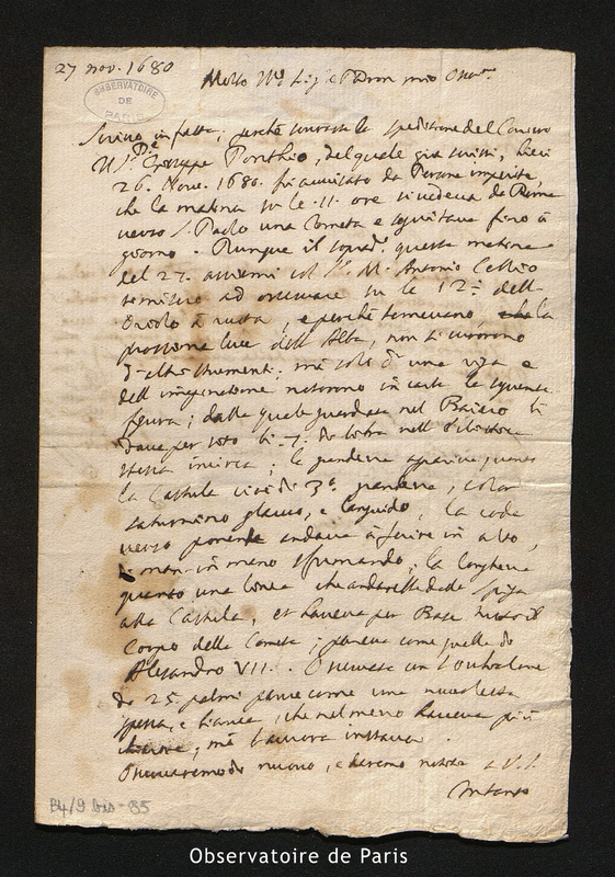 Lettre de Francisco Eschinardi à Cassini I, Rome le 27 novembre 1680