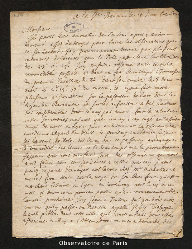 Lettre de La Hire à Cassini I, la Sainte-Baume le 10 décembre 1682