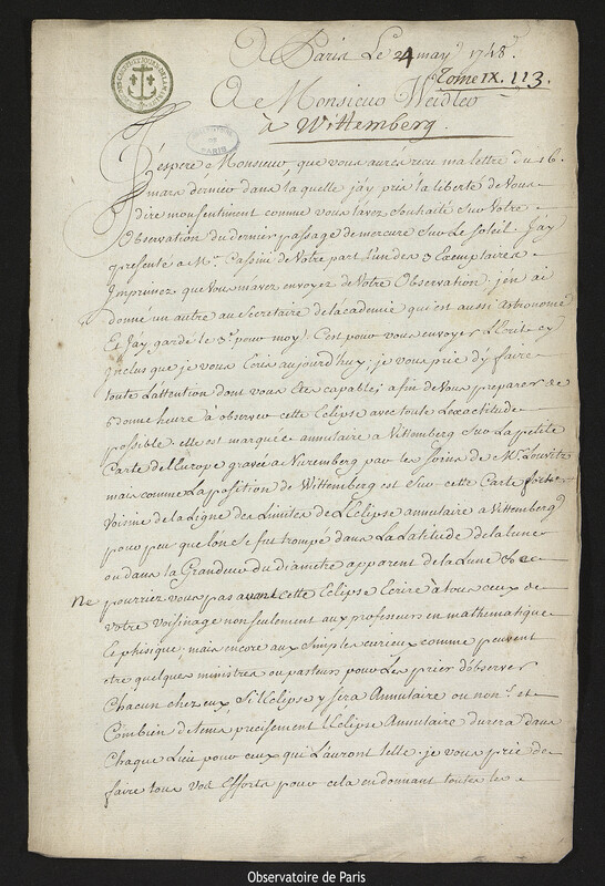 Lettre de Joseph-Nicolas Delisle à Johann Friedrich Weidler, Paris, 24 mai 1748