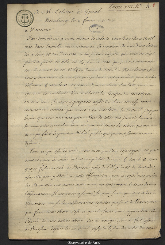 Lettre de Joseph-Nicolas Delisle à Anders Celsius, Saint-Pétersbourg, 3 février 1741