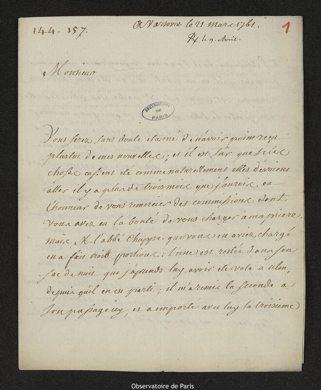 Lettre de Jean-Claude Gérault à Joseph-Nicolas Delisle, Varsovie, 21 mars 1761