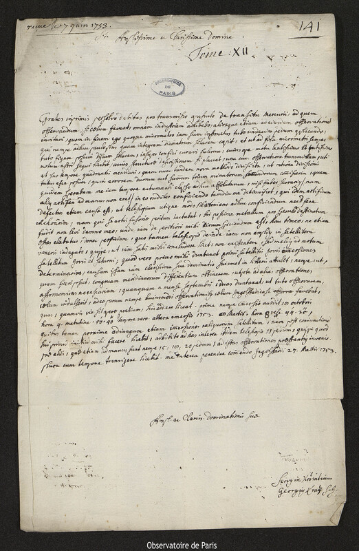 Lettre de Georg Kraz à Joseph-Nicolas Delisle, Ingolstadt, 27 mars 1753