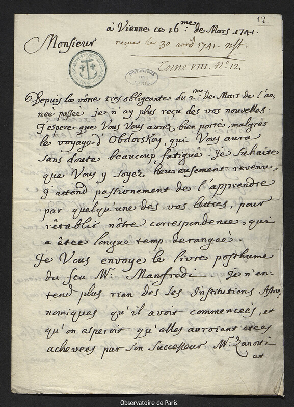 Lettre de Giovanni Giacomo Marinoni à Joseph-Nicolas Delisle, Vienne, 16 mars 1741