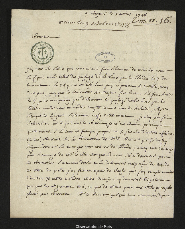 Lettre de Réginald Outhier à Joseph-Nicolas Delisle, Bayeux, 5 octobre 1748