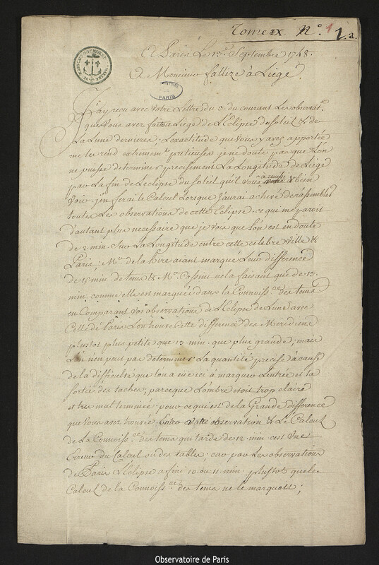 Lettre de Joseph-Nicolas Delisle à Jean Motte dit Fallize, Paris, 13 septembre 1748