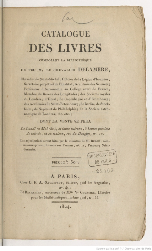 Catalogue des livres composant la bibliothèque de feu M. le chevalier Delambre