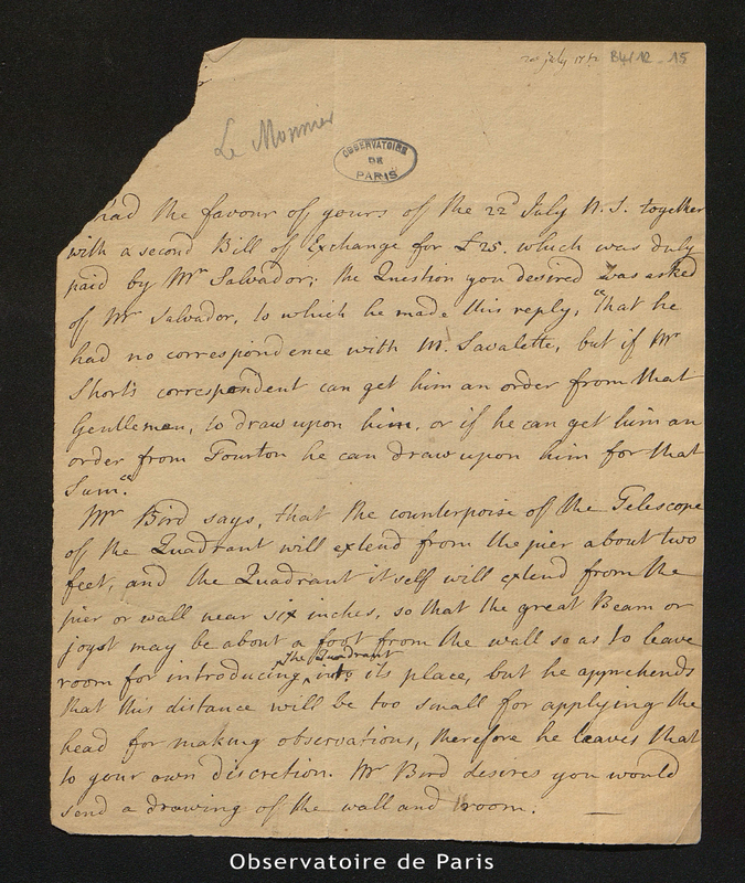 Lettre de J. Short à [Le Monnier], Londres le 20 juillet 1752