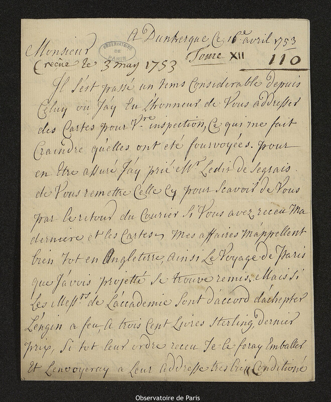 Lettre de Thomas Hayley à Joseph-Nicolas Delisle, Dunkerque, 16 avril 1753