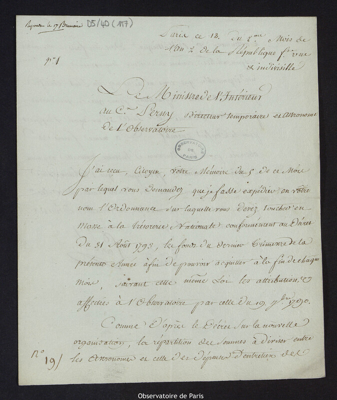 Lettre du Ministre de l'Intérieur au Comte Perny, directeur temporaire de l'Observatoire, le 7 novembre 1793