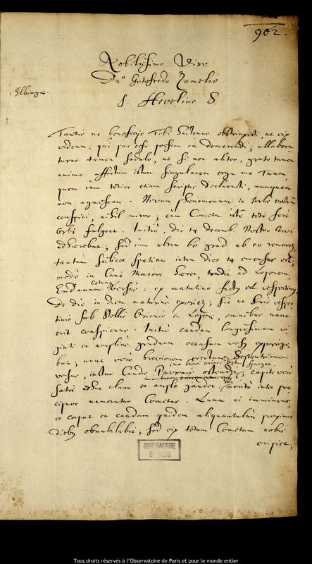 Lettre de Jan Heweliusz à Gottfried Zamel, Gdansk, 28 décembre 1664