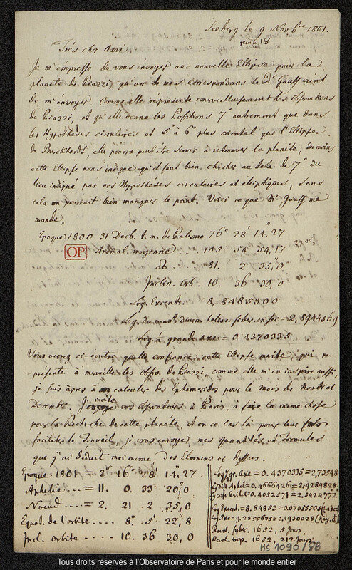 Lettre du baron Franz Xaver von Zach à Joseph Jérôme Le françois de Lalande Seeberg, 9 novembre 1801