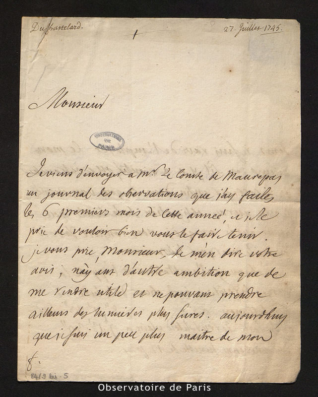 Lettre de Du Chatelard à Maraldi, Toulon le 27 juillet 1745